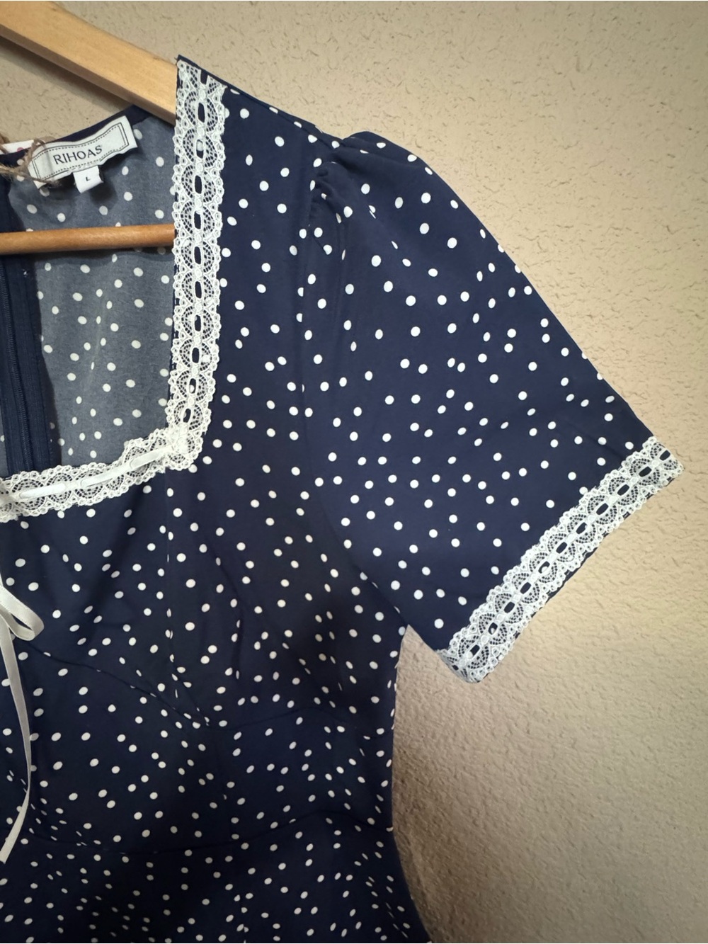 RIHOAS Women’s Navy Polka Dot Midi Dress - Cottagecore Retro Charm - Picture 4 of 10